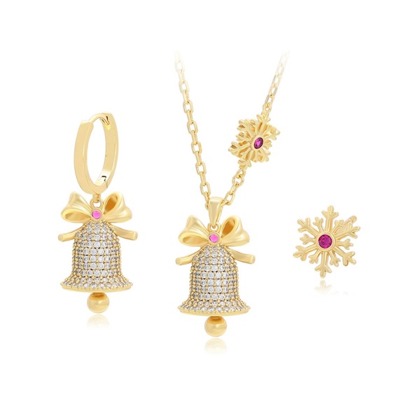 Christmas Bell Necklace and Earrings Set 14k Gold Luxury Jewelry - Picture 1 of 9